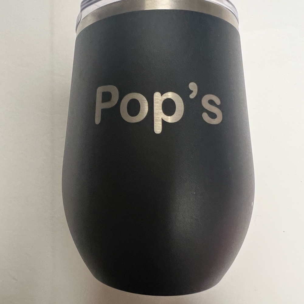 POLAR CAMEL 12ozINSULATED STEMLESS WINE CUP. BLACK MONOGRAMMED “POPS”